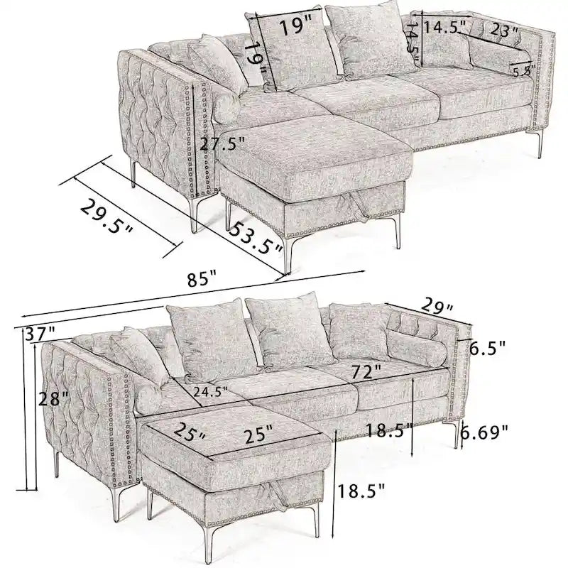 Modern Convertible Tufted Chenille L Shaped Sectional Sofa