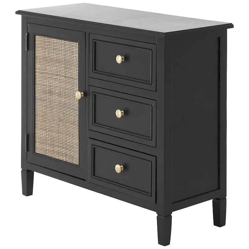 Mobile con 3 cassetti e 1 anta in legno fatti a mano con frontale in rattan - Nero - Roche River Decor