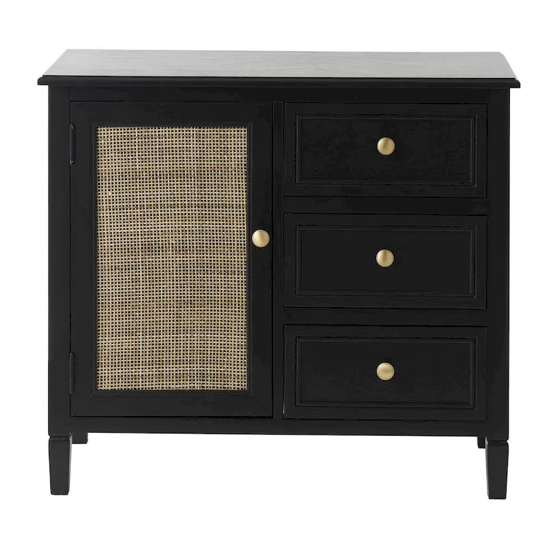 Mobile con 3 cassetti e 1 anta in legno fatti a mano con frontale in rattan - Nero - Roche River Decor