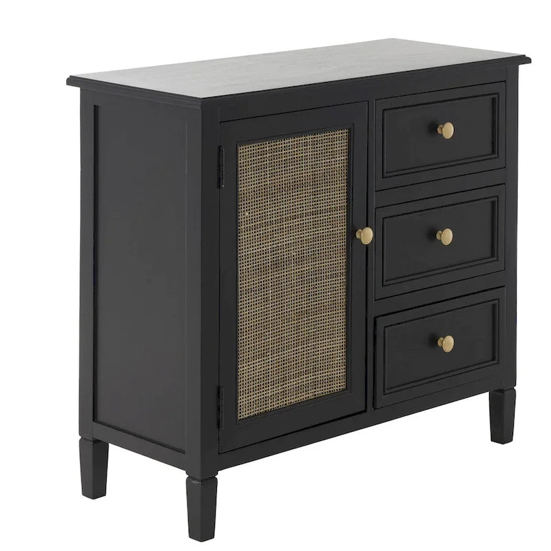 Mobile con 3 cassetti e 1 anta in legno fatti a mano con frontale in rattan - Nero - Roche River Decor