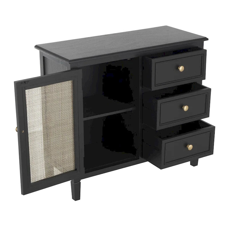 Mobile con 3 cassetti e 1 anta in legno fatti a mano con frontale in rattan - Nero - Roche River Decor