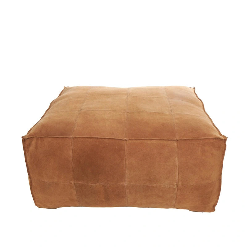 Leather Low Profile Square Pouf with Patchwork Design - Brown, Gray or Dark Brown- Roche River Decor
