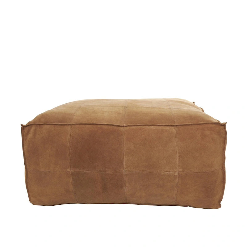 Leather Low Profile Square Pouf with Patchwork Design - Brown, Gray or Dark Brown- Roche River Decor
