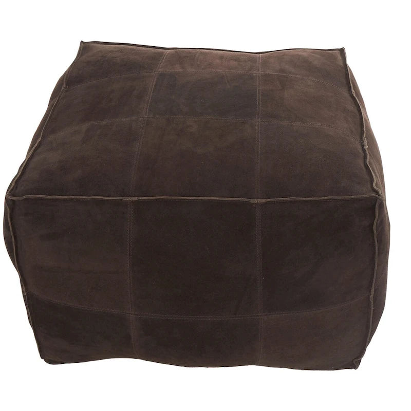 Leather Low Profile Square Pouf with Patchwork Design - Brown, Gray or Dark Brown- Roche River Decor