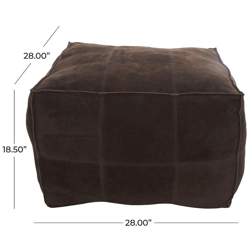 Leather Low Profile Square Pouf with Patchwork Design - Brown, Gray or Dark Brown- Roche River Decor