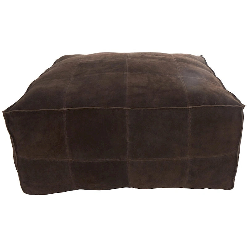 Leather Low Profile Square Pouf with Patchwork Design - Brown, Gray or Dark Brown- Roche River Decor