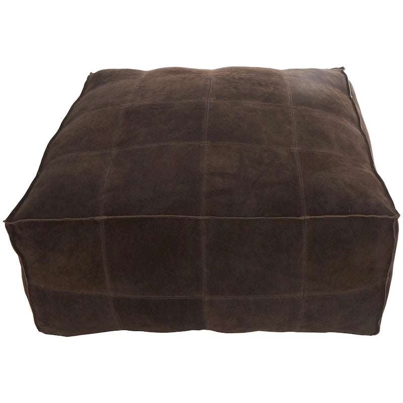 Leather Low Profile Square Pouf with Patchwork Design - Brown, Gray or Dark Brown- Roche River Decor